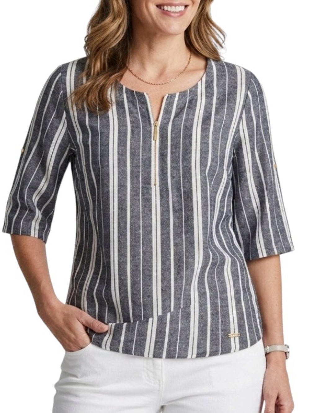 Ellen Tracey Women’s Linen Blend Striped 1/4 Zip Tunic Top Shirt Blue White Sz M